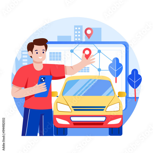 A flat style illustration of booking cab