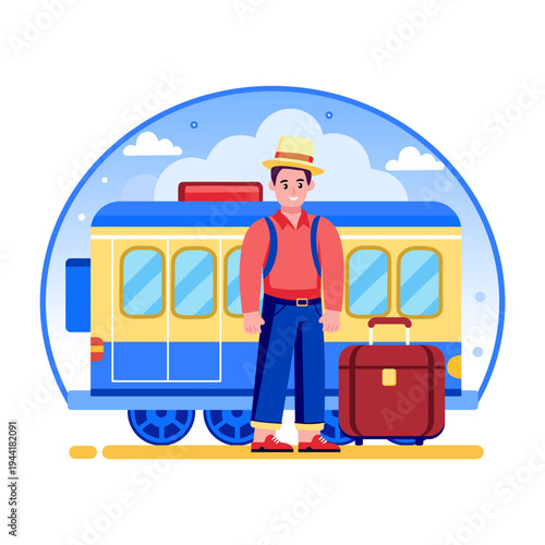 A flat style illustration of train travel