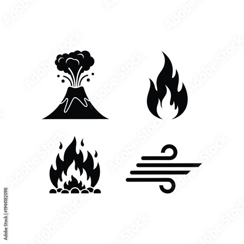 Four black icons depicting a volcanic eruption, flame, fire, and wind on a plain background
