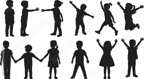 Silhouettes of Children in Various Poses and Activities on White Background kids playful