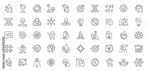 Marketing icons set. linear, editable line icons, branding and promotion symbols