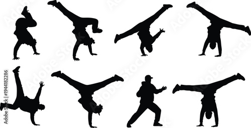 Silhouettes of Breakdancers Performing Various Acrobatics on White Background b-boy dancing