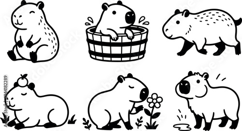 Cute black and white capybara vector art set showing sitting walking bathing and interacting with flower and apple
