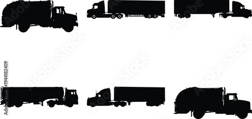 Compilation of six black silhouette trucks, including garbage trucks, semi-trucks, and tankers, on white.