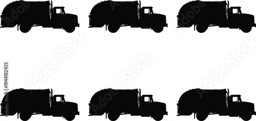 Set of six black silhouette garbage trucks isolated on a white background, representing waste management and municipal services.