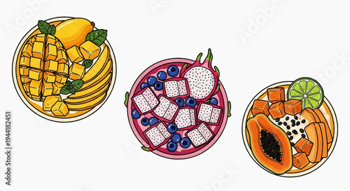 Vibrant vector illustration set of healthy tropical fruit bowls, featuring fresh mango, exotic dragon fruit, and delicious papaya with various berries and lime