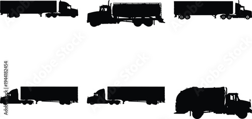 Assortment of six black silhouette semi-trucks, featuring various trailer types like tankers and box trailers.