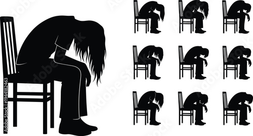 Depressed Woman Sitting on Chair Silhouette Set, Sad Lonely Female Posture Collection, Mental Health Concept, Emotional Stress, Isolation, Anxiety Illustration Isolated on White
