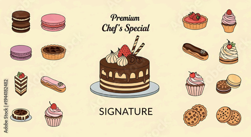 Delicious Assortment of Gourmet Desserts and Pastries, Featuring Cakes, Tarts, Macarons, and Cupcakes – A Sweet Collection of Bakery Delights