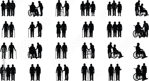 Elderly People and Caregiver Silhouettes Set, Senior Assistance, Wheelchair Users, Walking Stick Support and Family Companionship Collection, Healthcare and Retirement Concept Illustration