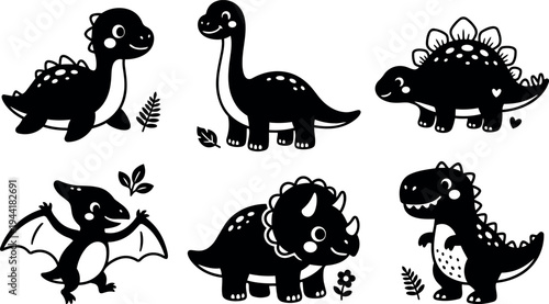 Cute black and white dinosaur vector art set showing six different prehistoric creatures with smiling faces leaves and flowers