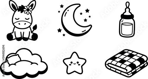 Cute sitting baby donkey with flower moon and stars smiling star cloud pillow bottle and folded blanket icons set