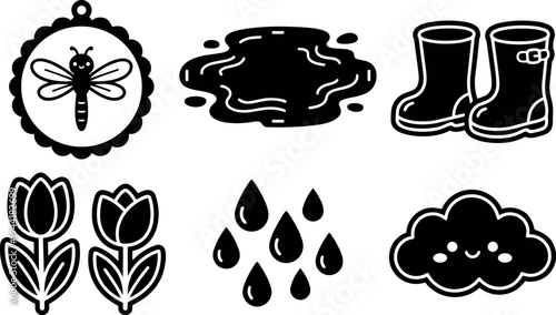 Black silhouette vector icons of rain boots puddle raindrops smiling cloud flowers bee pendant weather symbols set
