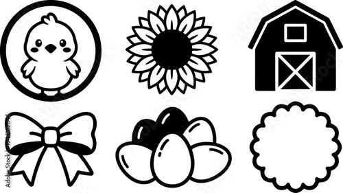 Simple black line art chicken sunflower barn bow egg and scalloped circle icon set for farm and spring themes