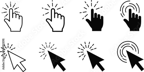 Set of Eight Click Cursor Icons Hand and Arrow Designs on White Background pointer