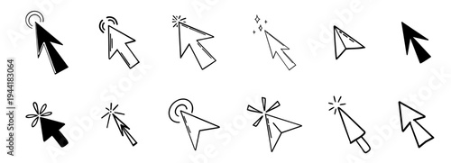 Arrow click icon. Mouse cursor arrow doodle hand drawn sketch icon set, pointer press here tap button. Scribble action type ui interface design element 