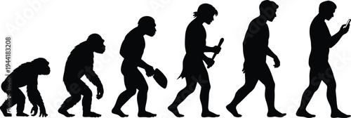 Evolution of man silhouette vector, human progress from ape to modern human with smartphone, history of mankind, technology development icons.