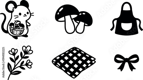 Cute mouse holding basket of mushrooms simple black and white icons including apron floral branch checked cloth and ribbon bow