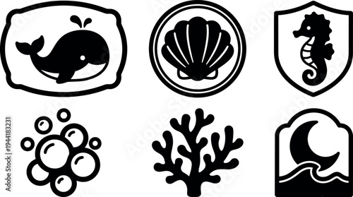 Black and white marine life icons set including whale with splash shell with angry eyes seahorse coral bubbles and moon wave badge