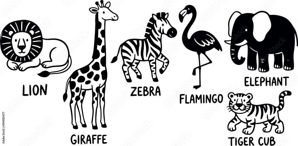 Naklejka premium Black and white flat design cartoon style lion giraffe zebra flamingo elephant and tiger cub animal vector icons set
