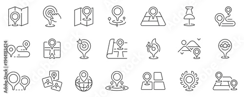 Location and navigation icons set. line, editable line icons for maps and directions