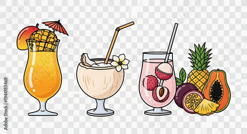 Vibrant Set of Tropical Refreshing Summer Drinks and Exotic Fruit Cocktails Illustration with Garnishes and Straws on a Transparent Background, Perfect for Vacation and Party Themes
