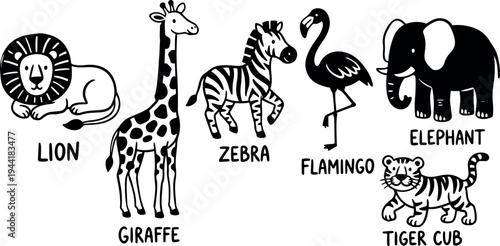 Black and white flat design cartoon style lion giraffe zebra flamingo elephant and tiger cub animal vector icons set