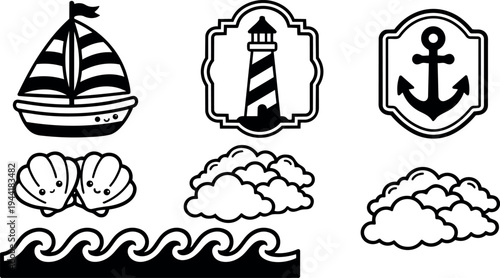 Line art nautical icon set sailboat lighthouse anchor shells waves clouds close up vector badges minimal black and white illustration