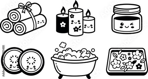 Cute cartoon style spa essentials with smiling candles bath towels flower tray and skincare jar vector art