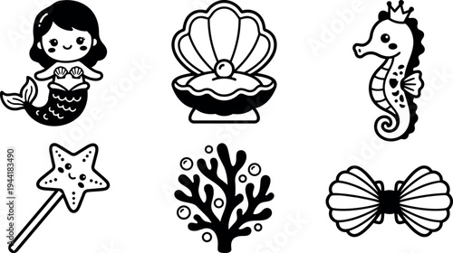 Cute cartoon mermaid with shell bra sea horse starfish coral magic wand and bow black and white vector art set