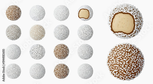 A delightful collection of round, bite-sized treats covered in white and brown sprinkles, with one confection cut in half revealing its creamy interior