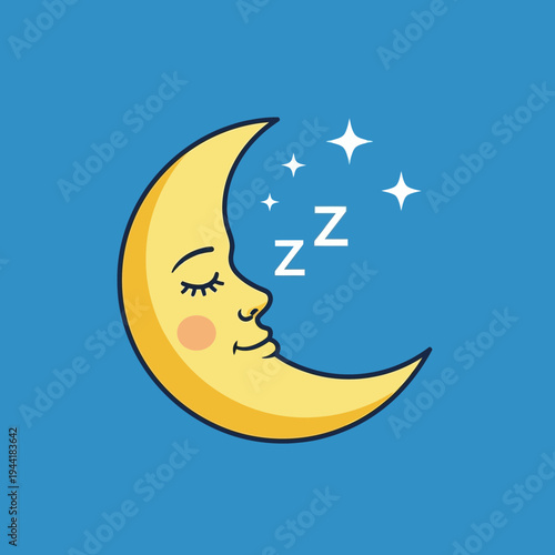 Cartoon crescent moon with closed eyes and a smiling face on a blue background.