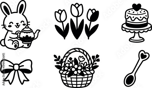Cute bunny holding teapot surrounded by tulips floral basket cake and heart spoon simple black and white line art icons