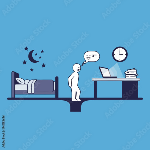 Person waking up in bed with a laptop and stacks of papers at desk.