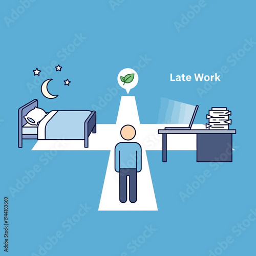 Person working late at night with a bed and a desk in the room.