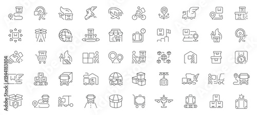 Delivery and shipping icons set. editable line icons, outline, logistics symbols