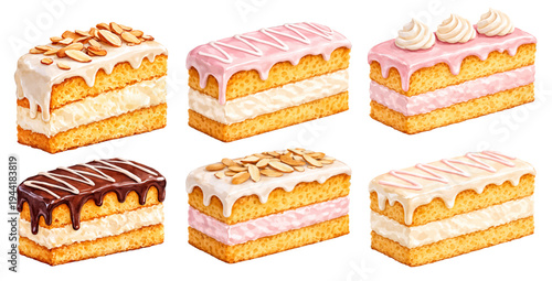 A delightful watercolor collection of cream layer cake slices featuring soft sponge cake desserts topped with icing, chocolate glaze, and almonds.