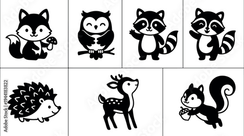 Black and white flat design animal icons featuring smiling fox holding mushroom owl on branch raccoon waving cheerful hedgehog happy deer standing and squirrel carrying nut