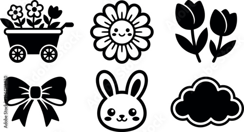 Cute flat design vector icons of flowers in wagon happy smiling flower tulip pair ribbon bow bunny face and cloud silhouette set