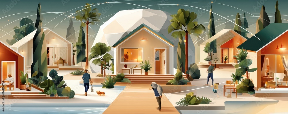 Obraz premium Connected smart tiny homes in a coastal community networked by glowing lines, peaceful modern village