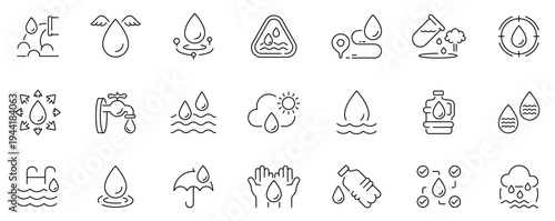 Water and environment icons set. editable line icons, outline, eco and conservation symbols