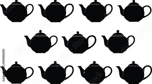 Set of teapot silhouettes collection, classic ceramic tea pots isolated on light background, kitchen drinkware icons, vintage household utensils vector illustration bundle