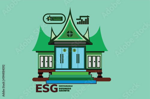 ESG Sustainable Business Growth Concept with Green Corporate Building and Financial Chart