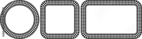 Monochrome frames featuring classic checkerboard patterns in circular and rectangular shapes