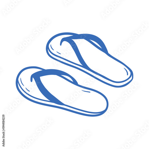 Simple blue pair of blue flip-flops in line style. Hand drawn vector iluustration for travel graphics, beach themes and vacation branding.