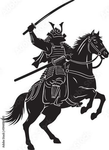 Dynamic illustration of an ancient Japanese samurai warrior mounted on a powerful rearing horse, wielding a traditional katana sword in a striking pose, embodying power and historical martial arts