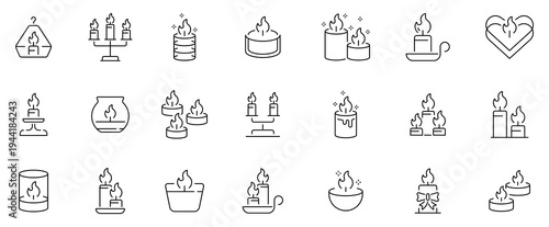 Candle icons set. editable line icons, outline, lighting and wax symbols collection