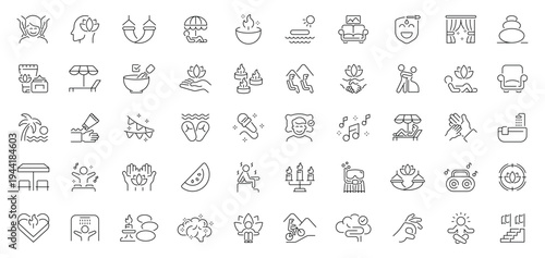 Relaxation icons set . editable line icons, outline style for calm and wellness
