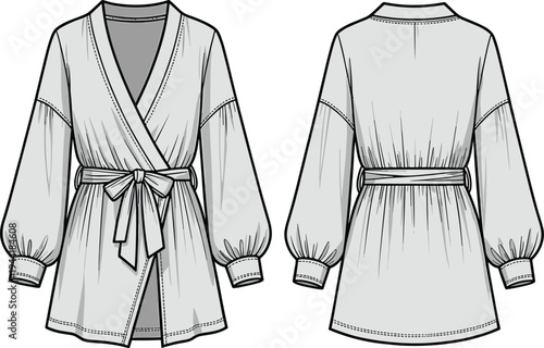 Elegant women's wrap dress robe technical fashion sketch showing front and back views with long sleeves tied belt garment design template illustration for apparel