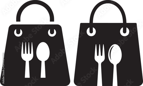 Food Delivery Shopping Bag Icons with Fork and Spoon, Restaurant Meal Service Graphic, Food, Delivery, Icon, Restaurant, Service, Graphic, Illustration, Vector